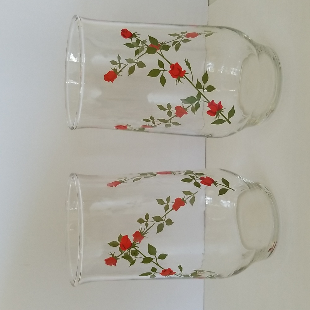 5" Vintage Anchor Hocking Red Rose and Vine Tumblers Clear Drinking Glasses